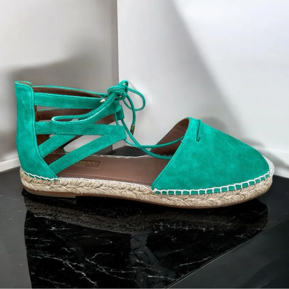 Aquazzura Firenze Green Suede Leather Belgravia Espadrilles Flat Sandals